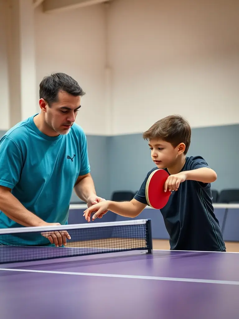 A dynamic shot of a table tennis coach guiding a young player, focusing on technique and skill development during a training session at UNION ATHLETIQUE LA ROCHEFOUCAULD TENNIS DE TABLE.