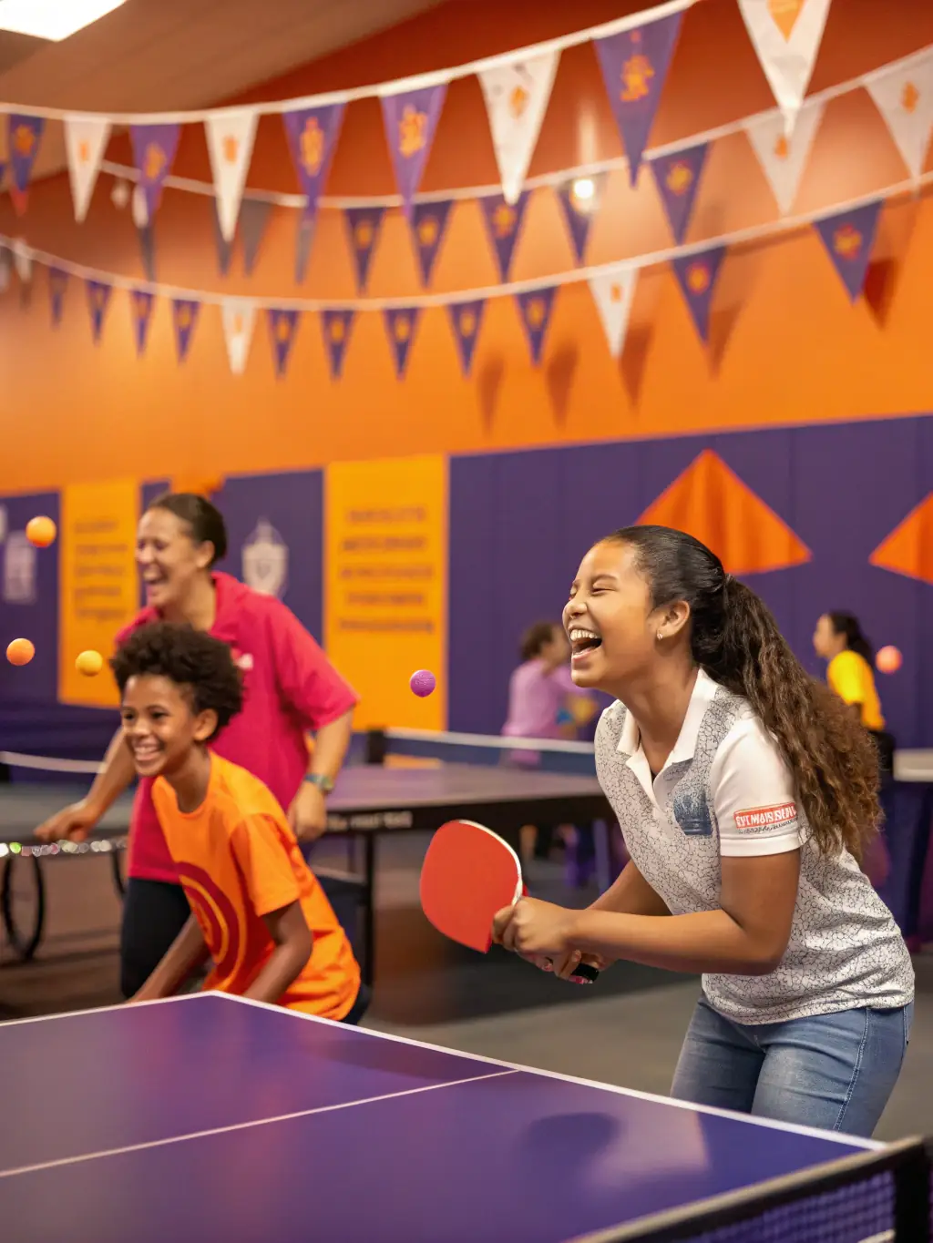 A diverse group of adults playing table tennis in a friendly, social setting at UNION ATHLETIQUE LA ROCHEFOUCAULD TENNIS DE TABLE.