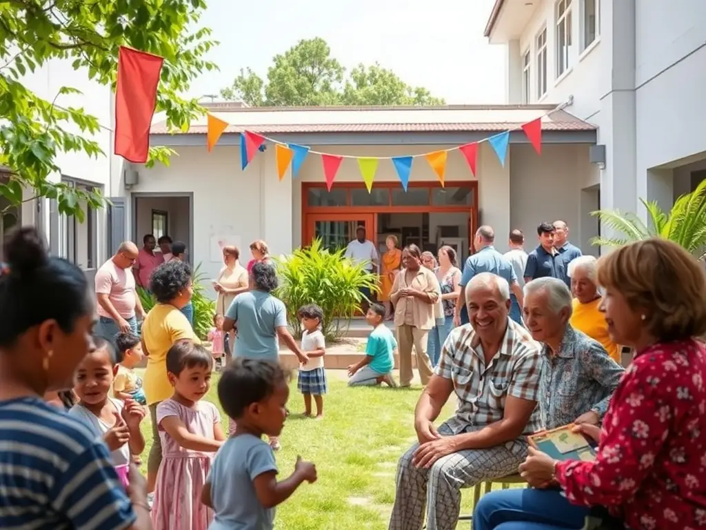 A heartwarming image of community members of all ages participating in a social table tennis event, highlighting the inclusive and friendly atmosphere, set in a community center.