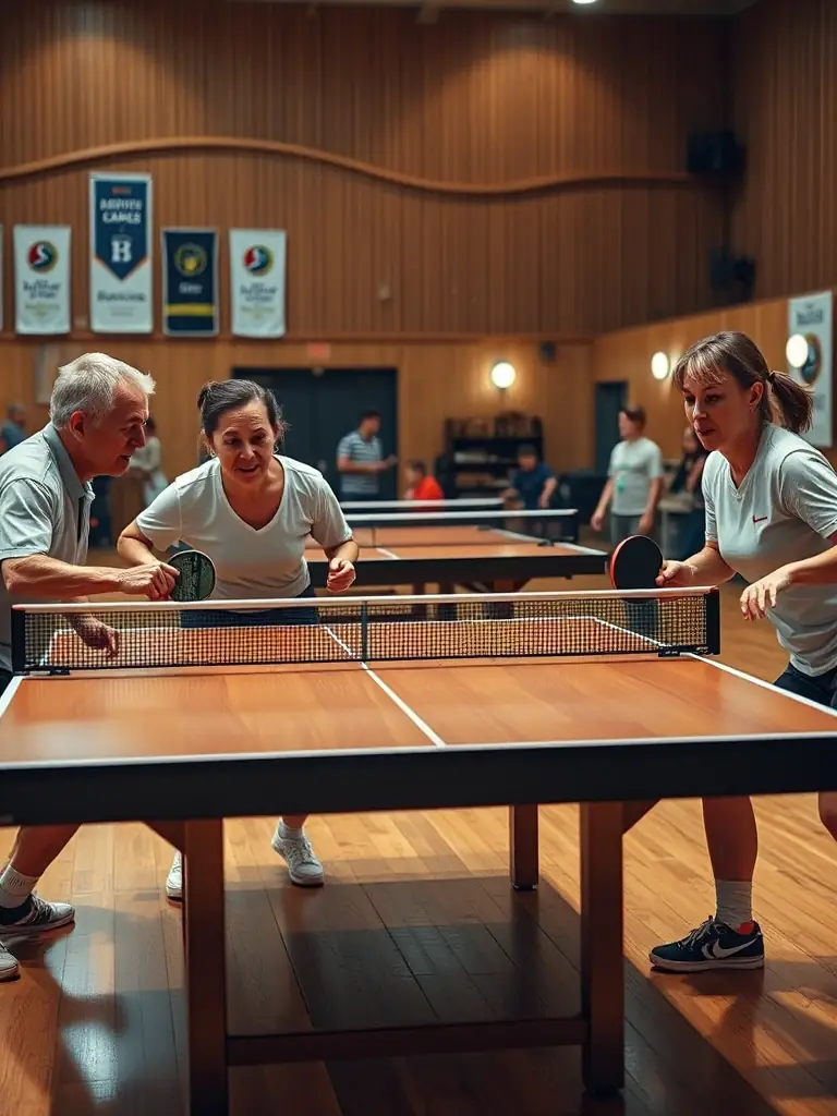 An image capturing the intensity and excitement of a local table tennis tournament organized by UNION ATHLETIQUE LA ROCHEFOUCAULD TENNIS DE TABLE, with players of various ages competing.