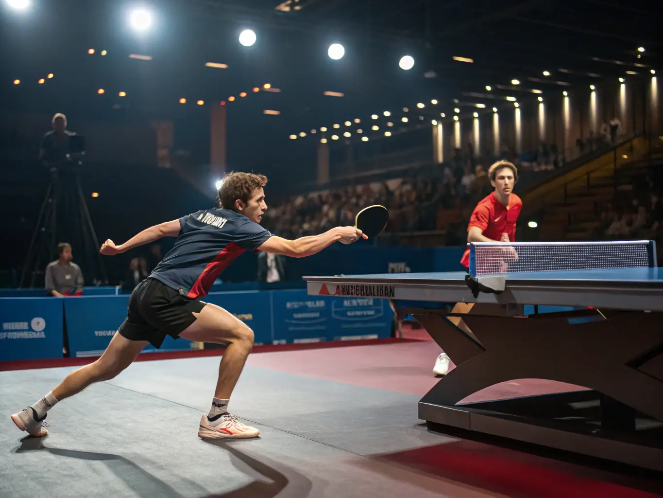 A dynamic shot of a table tennis match in progress, focusing on the intense concentration and quick reflexes of the players. The background shows a supportive audience.
