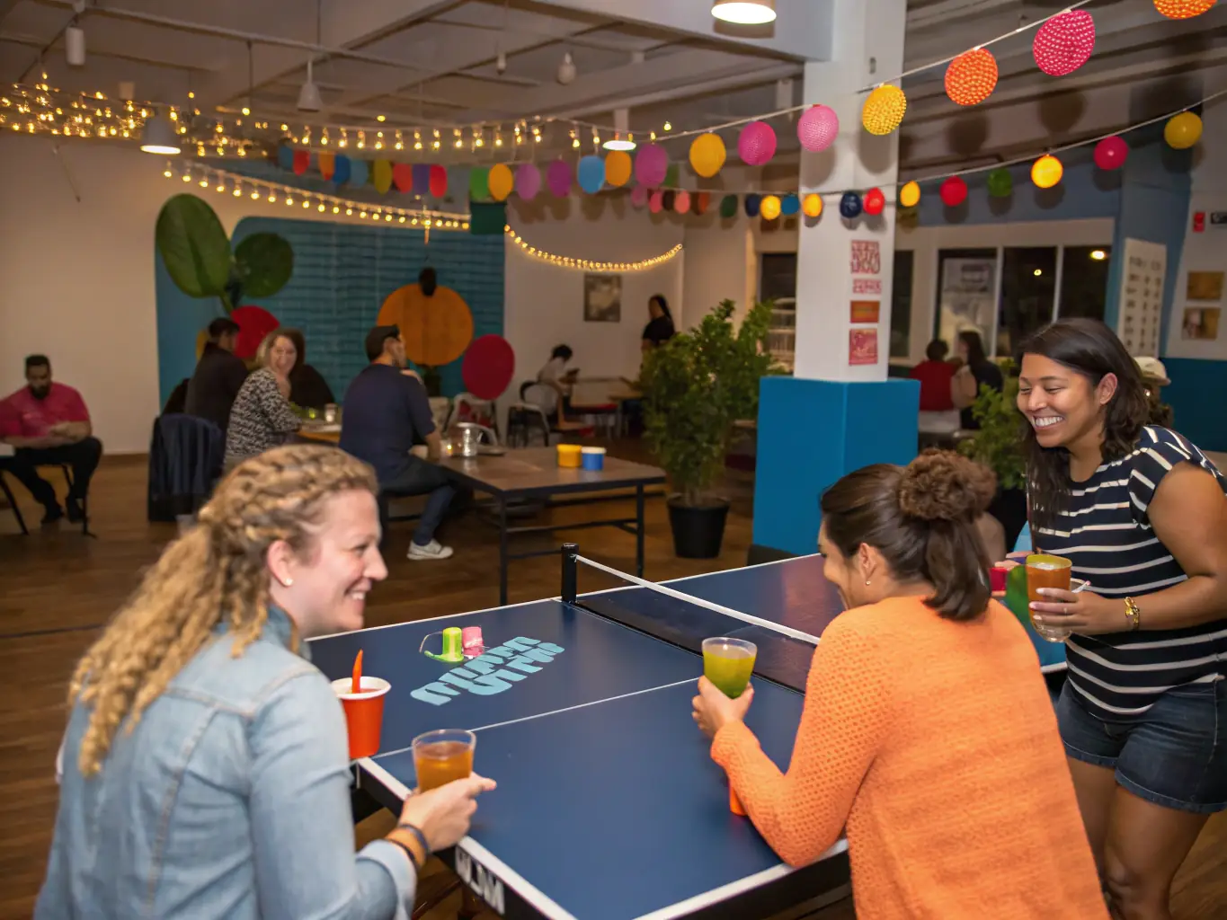 A group of diverse individuals laughing and interacting while playing table tennis, emphasizing the social aspect of the sport.