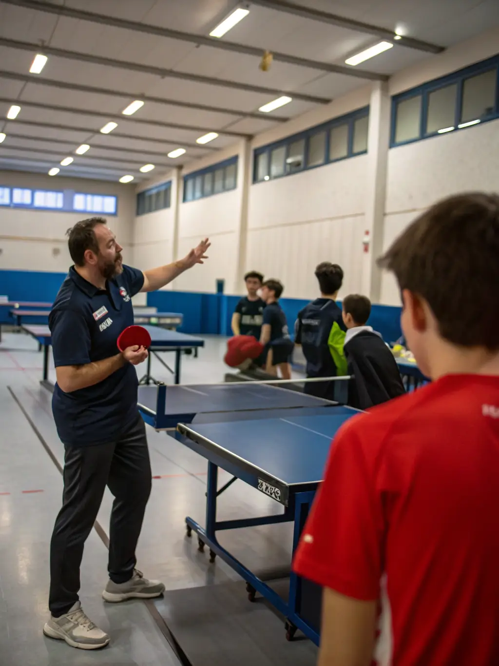 A coach providing personalized table tennis instruction to a player at UNION ATHLETIQUE LA ROCHEFOUCAULD TENNIS DE TABLE.